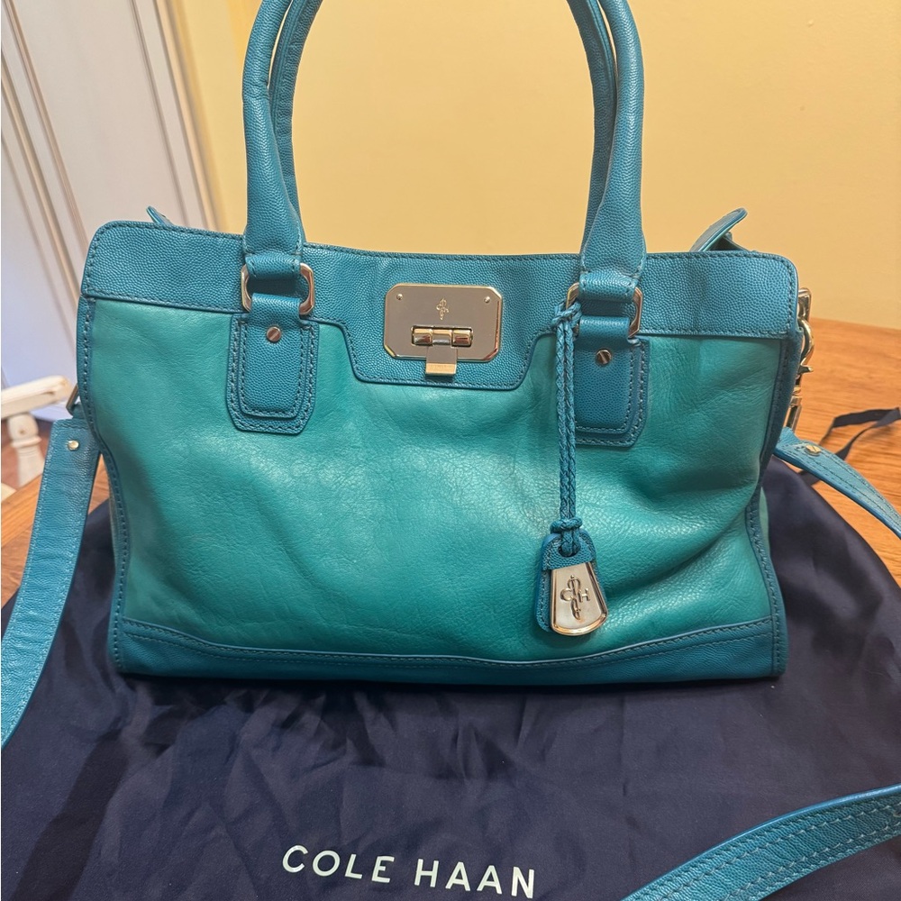 Cole Haan Blue Leather Satchel with Silver Hardware